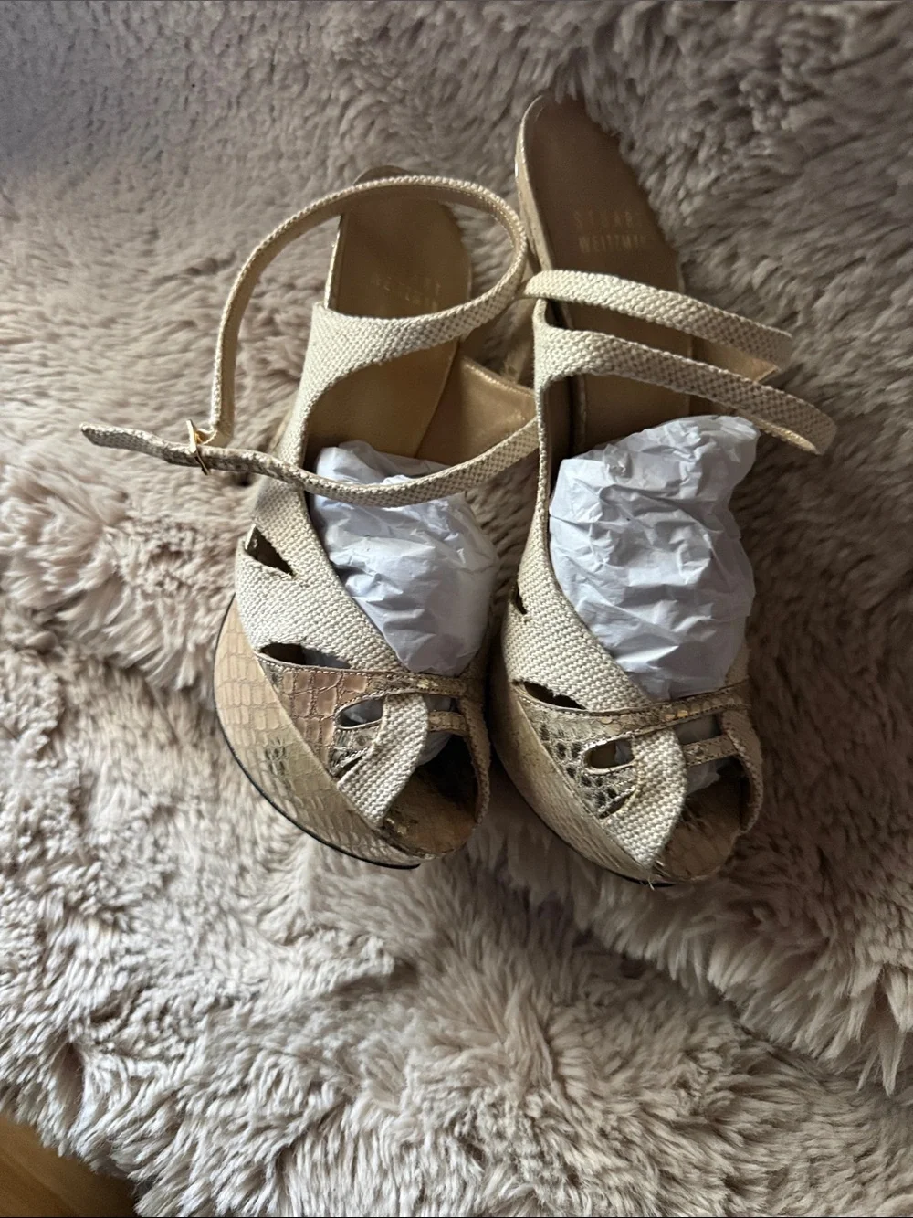 Stuart Weitzman Beige Woven Peep-Toe Platform Sandals